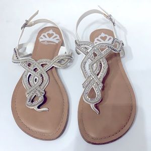 Fergalicious by Fergie rhinestone beaded white and tan sandals